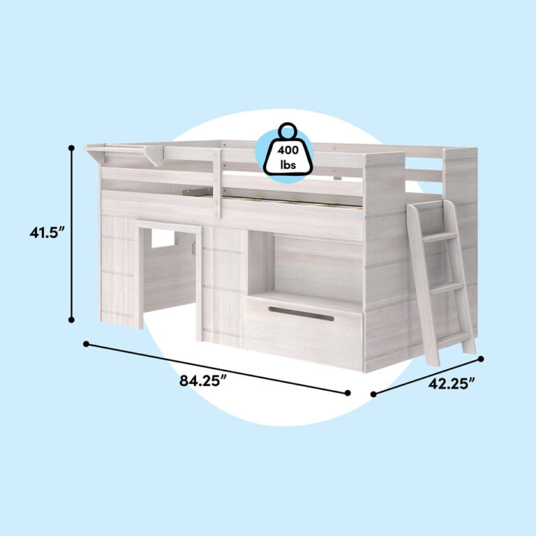 Max and Lily Solid Wood Play and Store Low Loft in White - dimensions diagram showing height, length, and width measurements with a weight capacity badge