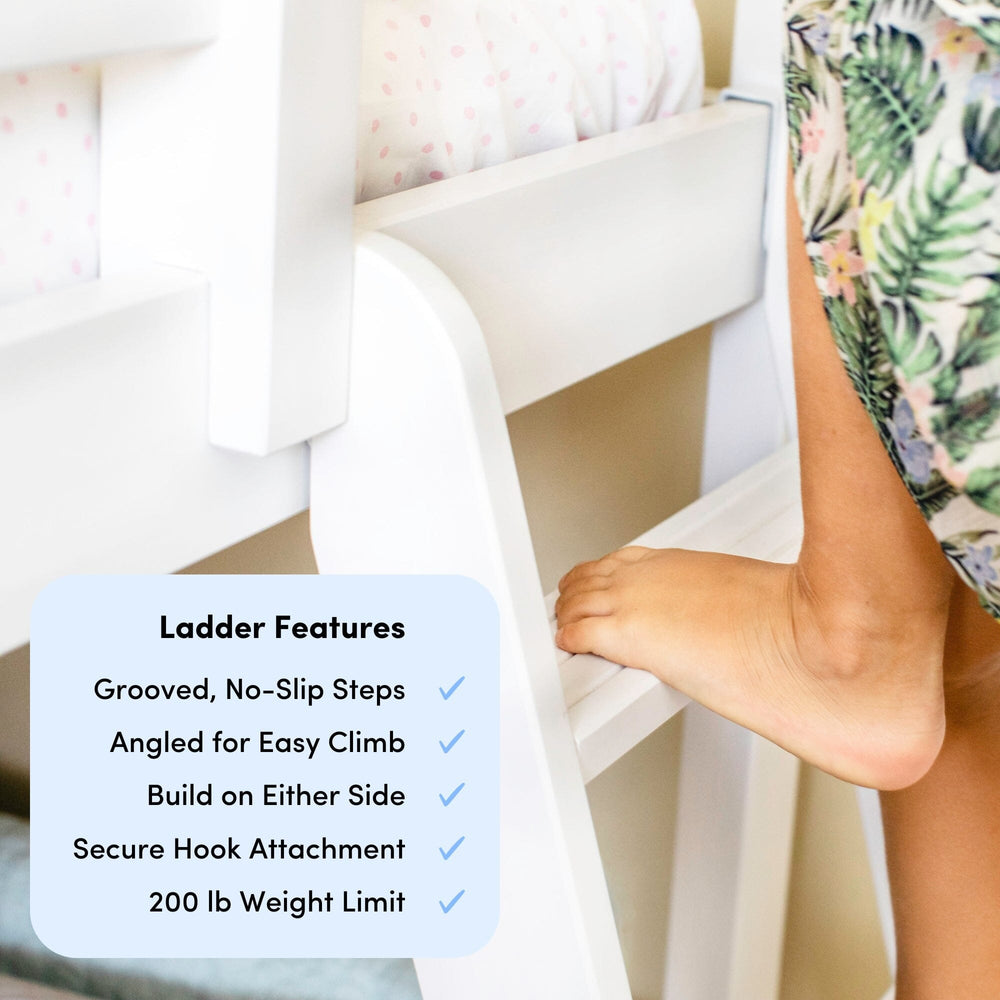 Max and Lily Solid Wood Play and Store Low Loft in White - close-up of a child's foot on the grooved no-slip ladder step