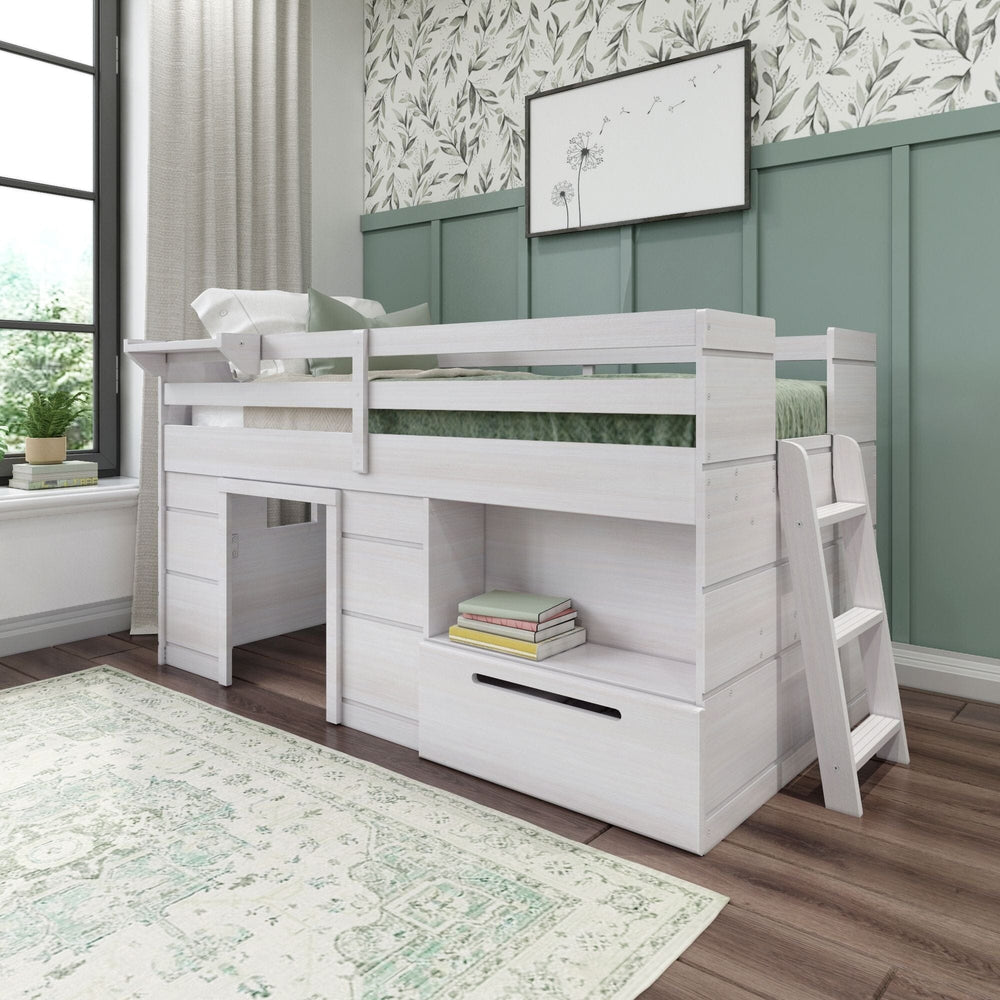 Max and Lily Solid Wood Play and Store Low Loft in White - angled view of the low loft bed styled in a green and white bedroom with attached desk, storage drawers, ladder, and safety guardrails