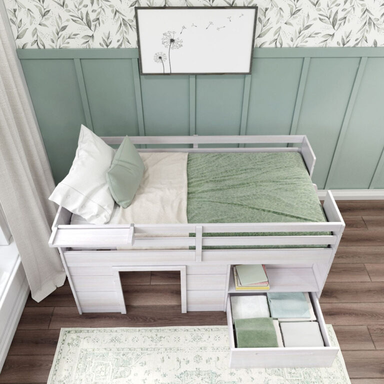 Max and Lily Solid Wood Play and Store Low Loft in White - overhead view showing the guardrailed sleeping surface and an open under-bed storage drawer filled with folded linens