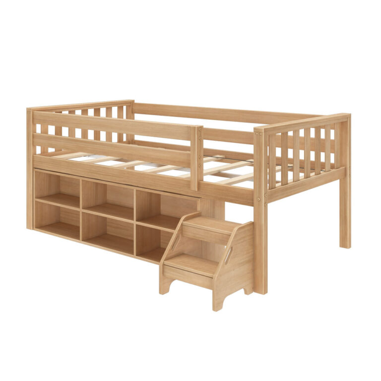 Max And Lily Soren Twin Ultra Low Loft Bed With Bookcase Blonde Angle View Max and Lily Soren Twin Ultra Low Loft Bed in Blonde - angled view showing the safety guardrails, slatted base, step stool, and open cube bookcase underneath