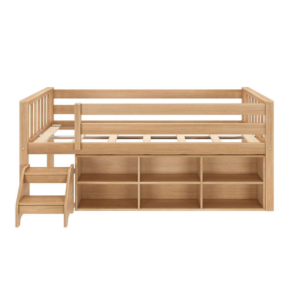 Max and Lily Soren Twin Ultra Low Loft Bed in Blonde - front view showing the full-length guardrail, step stool, and six-cube storage bookcase below the bed