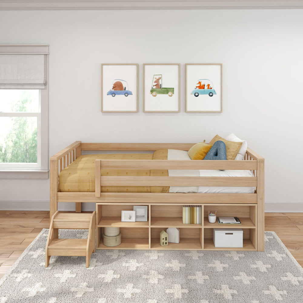 Max and Lily Soren Twin Ultra Low Loft Bed in Blonde - shown in a child's room with a six-cube bookcase storing books and bins and a step stool beside the bed