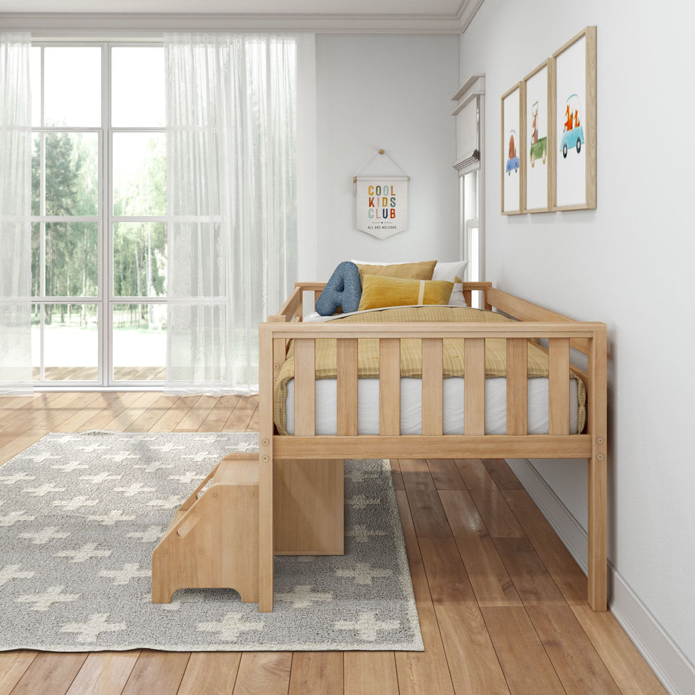 Max and Lily Soren Twin Ultra Low Loft Bed in Blonde - shown in a bright bedroom with sheer curtains and a large window, with the step stool at the foot of the bed