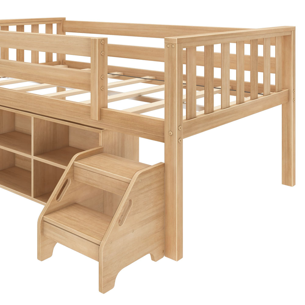 Max and Lily Soren Twin Ultra Low Loft Bed in Blonde - close-up of the corner showing the slatted base, guardrail, and two-step stool