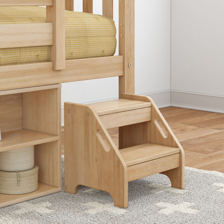 Max And Lily Soren Twin Ultra Low Loft Bed With Bookcase Blonde Staircase Detail 6 Max and Lily Soren Twin Ultra Low Loft Bed in Blonde - close-up of the two-step stool with handle cutouts beside the cube bookcase