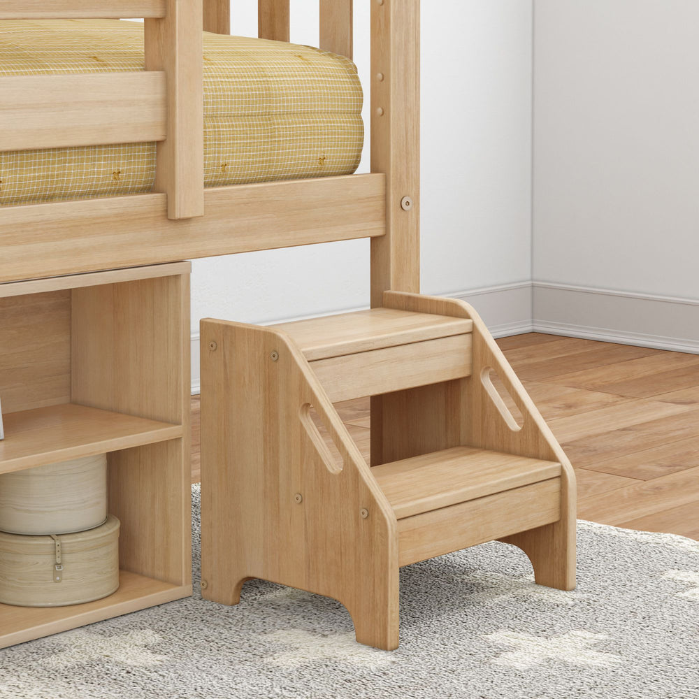 Max and Lily Soren Twin Ultra Low Loft Bed in Blonde - close-up of the two-step stool with handle cutouts beside the cube bookcase