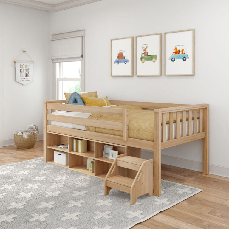 Max And Lily Soren Twin Ultra Low Loft Bed With Bookcase Room Scene 1 Max and Lily Soren Twin Ultra Low Loft Bed With Bookcase - styled in a kids' bedroom with framed wall art, a step stool, and a cube bookcase holding books and bins beneath the mattress