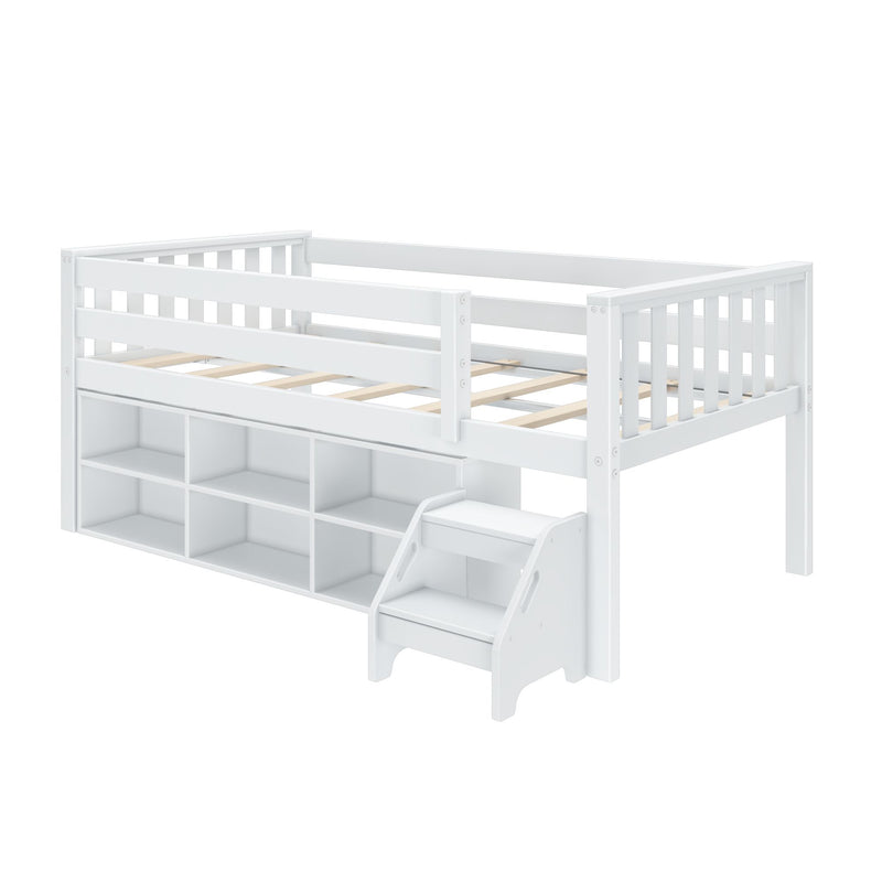 Max and Lily Soren Twin Ultra Low Loft Bed With Bookcase in white - three-quarter product view on a white background showing the bookcase shelves and attached step stool.