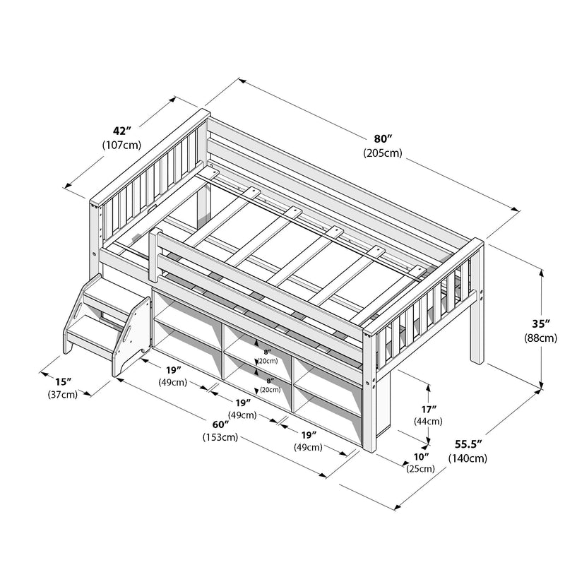 Max and Lily Soren Twin Ultra Low Loft Bed With Bookcase - dimensions diagram labelling measurements including overall length, width, bed height and the six-cubby bookcase beneath.