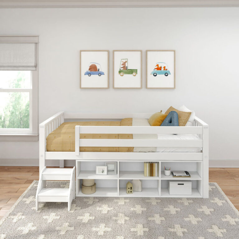 Max And Lily Soren Twin Ultra Low Loft Bed With Bookcase White Front View Max and Lily Soren Twin Ultra Low Loft Bed With Bookcase in white - front view in a styled bedroom showing the safety guardrail and under-bed bookcase with a step stool.