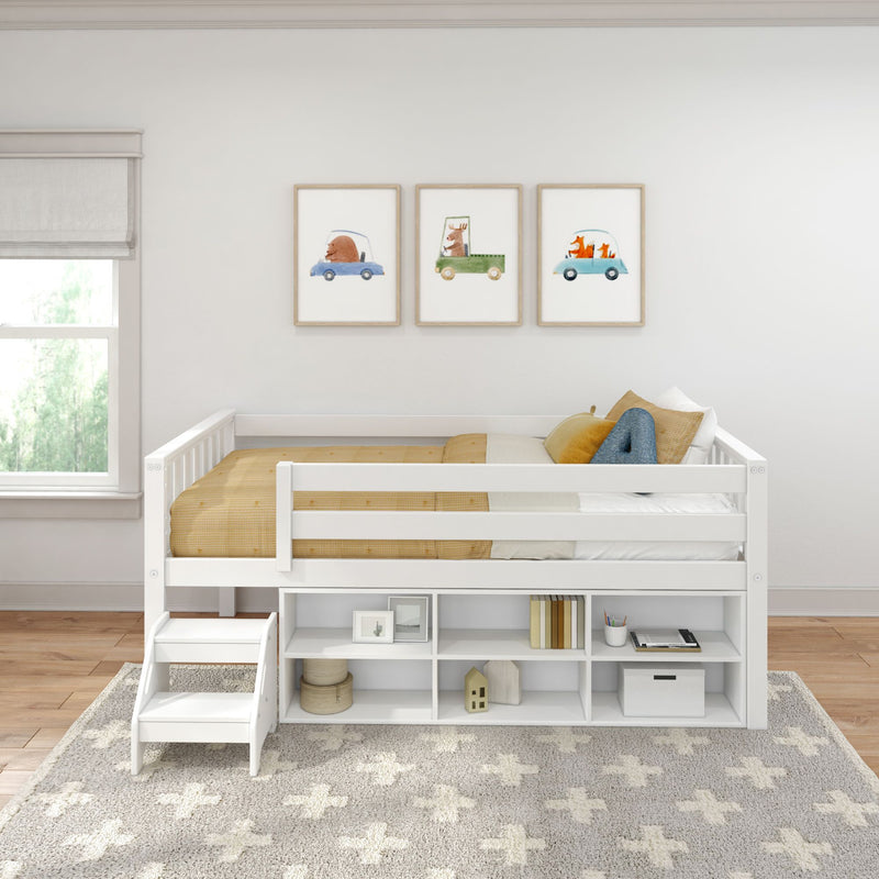 Max and Lily Soren Twin Ultra Low Loft Bed With Bookcase in white - front view in a styled bedroom showing the safety guardrail and under-bed bookcase with a step stool.