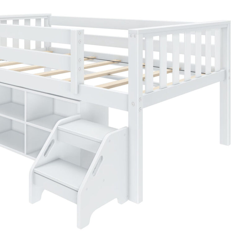 Max And Lily Soren Twin Ultra Low Loft Bed With Bookcase White Guardrail Detail Max and Lily Soren Twin Ultra Low Loft Bed With Bookcase in white - close-up of the slatted safety guardrail and the two-step stool at the head of the bed.