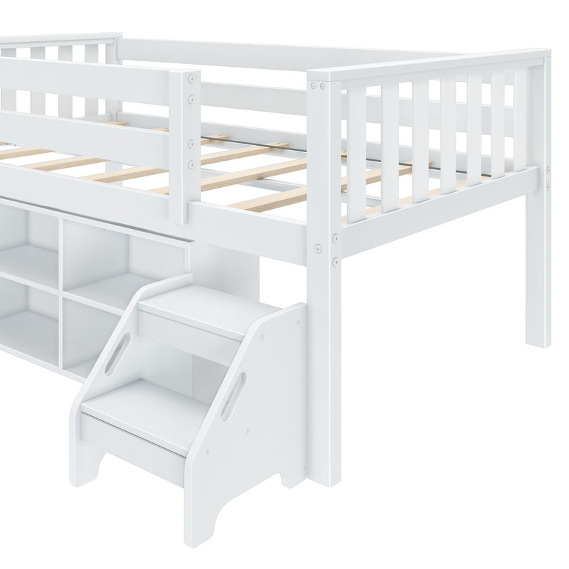 Max and Lily Soren Twin Ultra Low Loft Bed With Bookcase in white - close-up of the slatted safety guardrail and the two-step stool at the head of the bed.
