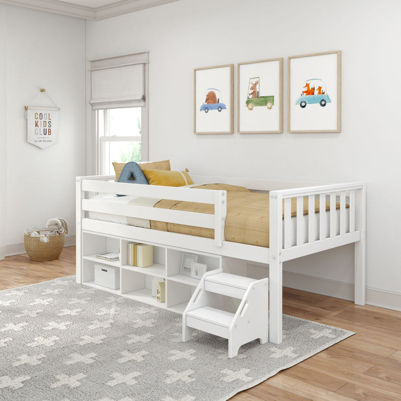 Max and Lily Soren Twin Ultra Low Loft Bed With Bookcase in white - angled view in a kids' bedroom showing the under-bed storage bookcase and two-step stool beneath the bed.