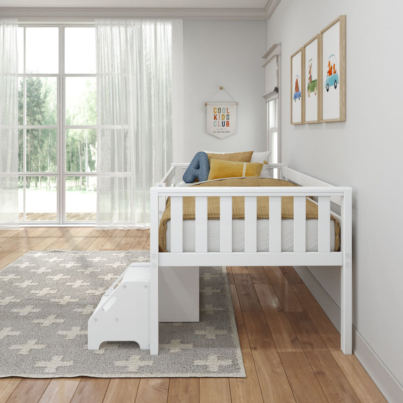 Max and Lily Soren Twin Ultra Low Loft Bed With Bookcase in white - end view in a bright bedroom with sheer curtains showing the low bed height and step stool.