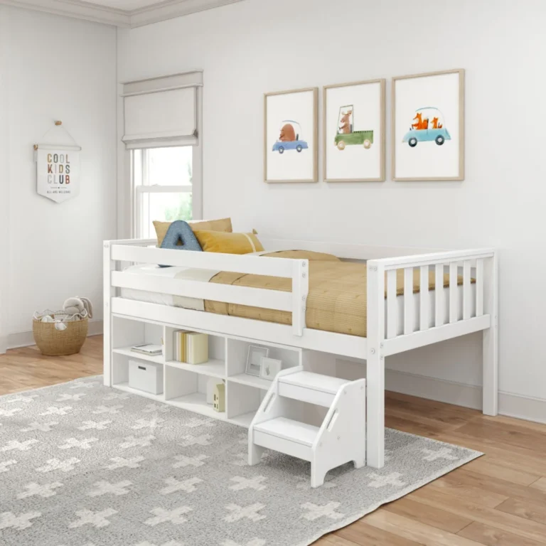 Max and Lily Soren Twin Ultra Low Loft Bed With Bookcase in White - low loft bed in a kids' room with under-bed bookcase shelves, safety guardrails, and a small step stool