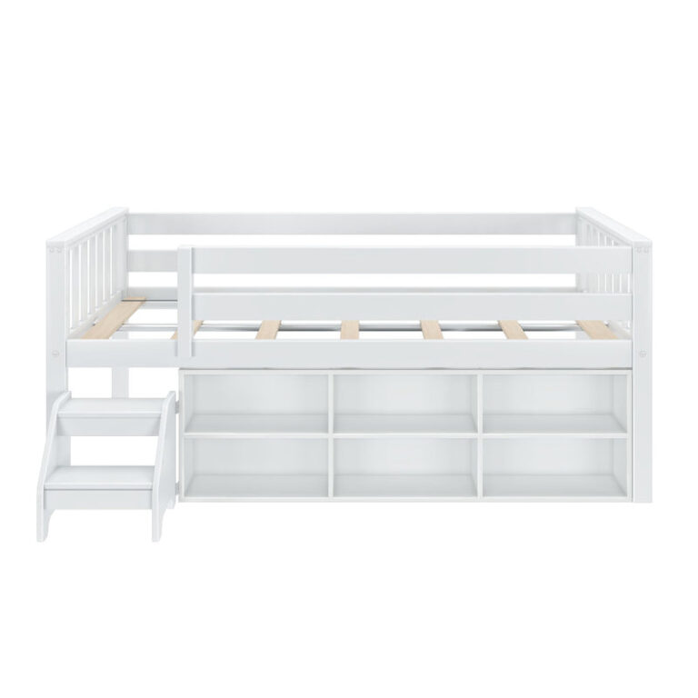 Max And Lily Soren Twin Ultra Low Loft Bed With Bookcase White Side View Max and Lily Soren Twin Ultra Low Loft Bed With Bookcase in white - side profile on a white background showing the low bed, six-cubby storage bookcase and step stool.