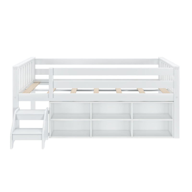 Max and Lily Soren Twin Ultra Low Loft Bed With Bookcase in white - side profile on a white background showing the low bed, six-cubby storage bookcase and step stool.
