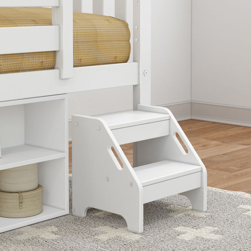 Max and Lily Soren Twin Ultra Low Loft Bed With Bookcase in white - close-up of the white two-step stool beside the bed next to the under-bed bookcase.