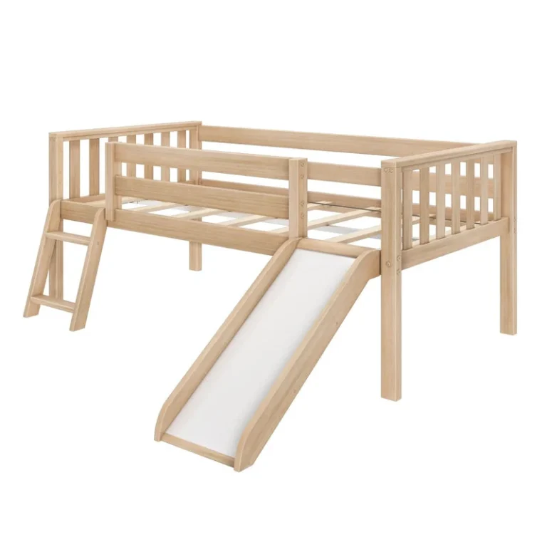 Max And Lily Soren Twin Ultra Low Loft Bed With Slide Blonde Angle View Max and Lily Soren Twin Ultra Low Loft Bed With Slide in Blonde - three-quarter studio view on a white background showing the slide, climbing ladder and slatted guardrails