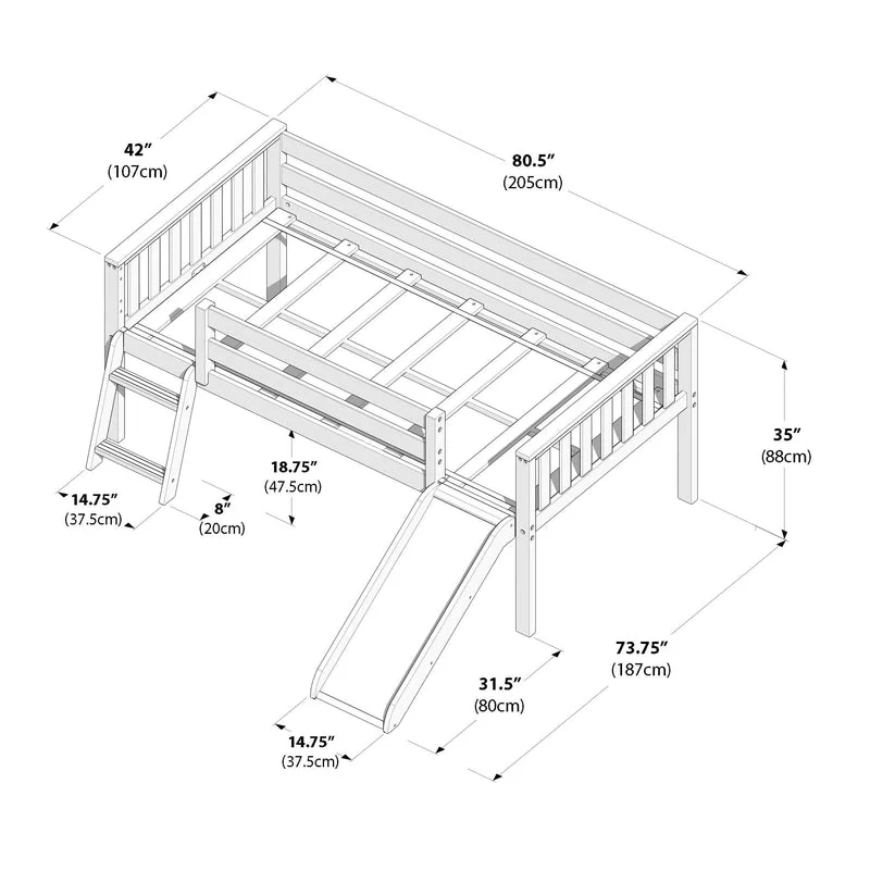 Max And Lily Soren Twin Ultra Low Loft Bed With Slide Blonde Dimensions Diagram Max and Lily Soren Twin Ultra Low Loft Bed With Slide in Blonde - dimensions diagram with measurements including 80.5 inch length, 42 inch width and 35 inch height