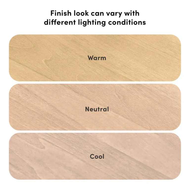 Max And Lily Soren Twin Ultra Low Loft Bed With Slide Blonde Finish Comparison Max and Lily Soren Twin Ultra Low Loft Bed With Slide in Blonde - finish comparison chart showing how the wood tone appears warm, neutral and cool under different lighting conditions