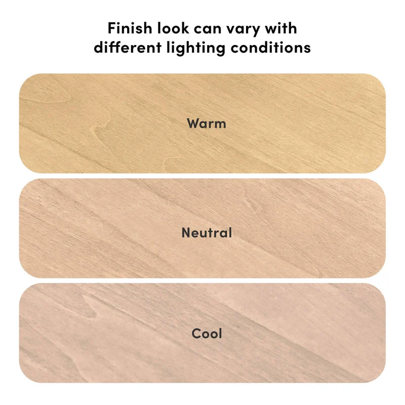 Max And Lily Soren Twin Ultra Low Loft Bed With Slide Blonde Finish Comparison Max and Lily Soren Twin Ultra Low Loft Bed With Slide in Blonde - finish comparison chart showing how the wood tone appears warm, neutral and cool under different lighting conditions