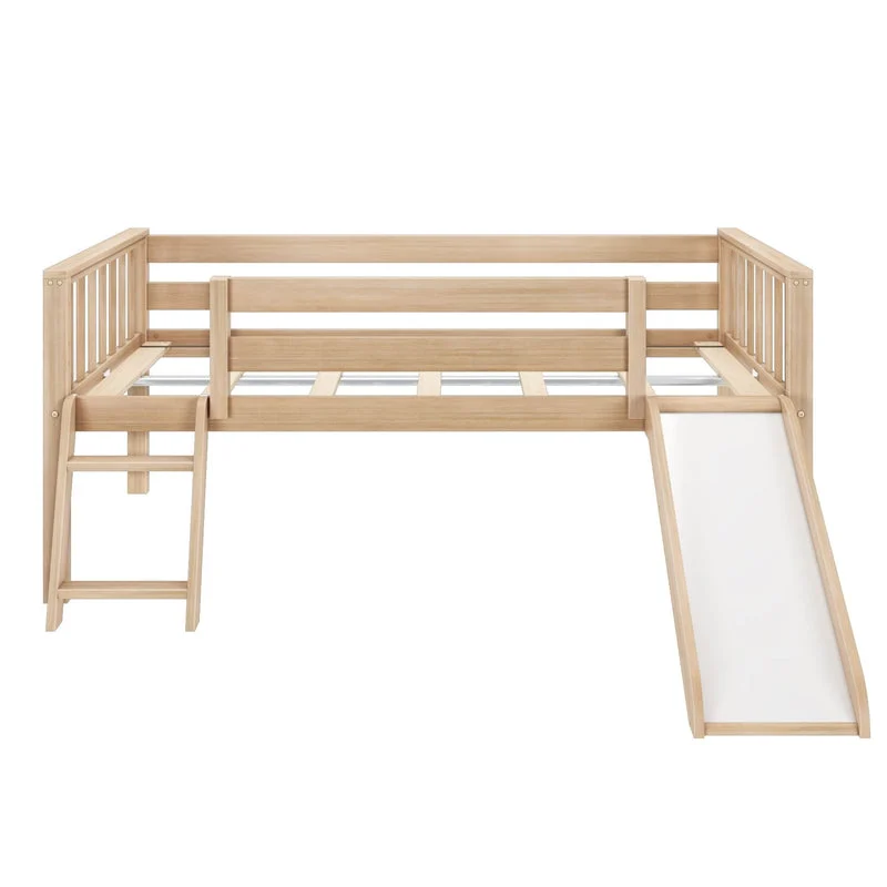 Max And Lily Soren Twin Ultra Low Loft Bed With Slide Blonde Front View Max and Lily Soren Twin Ultra Low Loft Bed With Slide in Blonde - front studio view on a white background showing the slatted end panels, ladder and slide