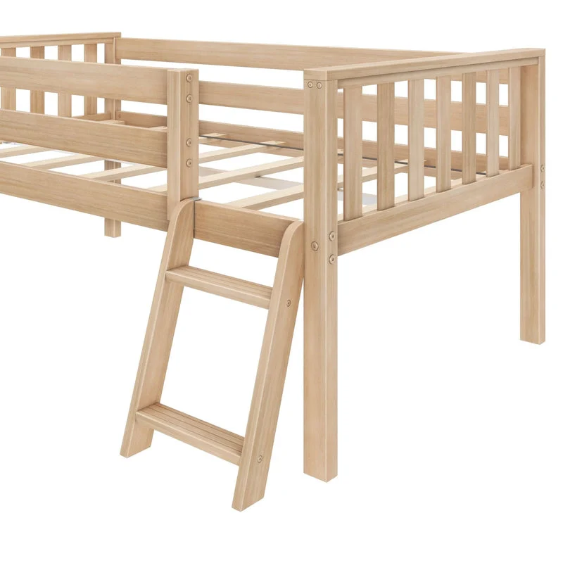 Max And Lily Soren Twin Ultra Low Loft Bed With Slide Blonde Ladder Detail 5 Max and Lily Soren Twin Ultra Low Loft Bed With Slide in Blonde - close-up of the angled climbing ladder attached to the slatted end panel and guardrail