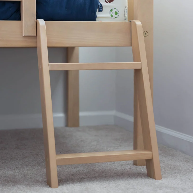 Max And Lily Soren Twin Ultra Low Loft Bed With Slide Blonde Ladder Detail 8 Max and Lily Soren Twin Ultra Low Loft Bed With Slide in Blonde - close-up of the angled wooden climbing ladder at the foot of the bed