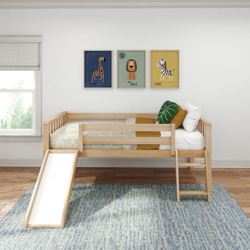 Max And Lily Soren Twin Ultra Low Loft Bed With Slide Blonde Room Scene 2 Max and Lily Soren Twin Ultra Low Loft Bed With Slide in Blonde - side view in a styled bedroom with the slide on one end and the angled climbing ladder on the other beneath a low slatted guardrail
