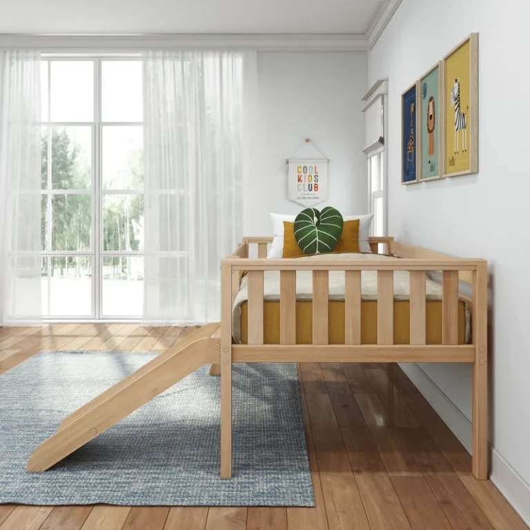 Max And Lily Soren Twin Ultra Low Loft Bed With Slide Blonde Room Scene 7 Max and Lily Soren Twin Ultra Low Loft Bed With Slide in Blonde - side view in a bright bedroom with the slide extending onto a rug and a low guardrail along the bed