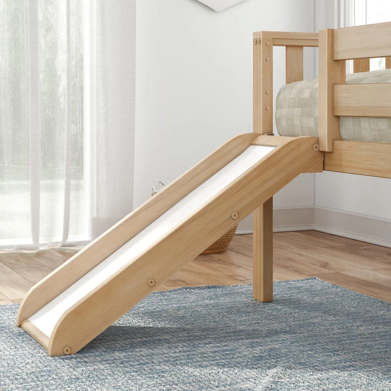 Max And Lily Soren Twin Ultra Low Loft Bed With Slide Blonde Slide Detail Max and Lily Soren Twin Ultra Low Loft Bed With Slide in Blonde - close-up of the wooden slide with a white centre attached to the side of the low loft bed in a bedroom