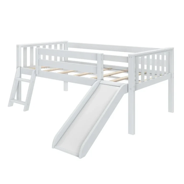 Max And Lily Soren Twin Ultra Low Loft Bed With Slide White Angle View Max and Lily Soren Twin Ultra Low Loft Bed With Slide in White - angled product view showing the wooden slide, angled ladder, slatted base, and guardrails on a plain background.