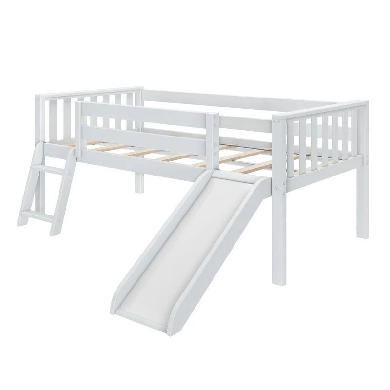Max And Lily Soren Twin Ultra Low Loft Bed With Slide White Angle View Max and Lily Soren Twin Ultra Low Loft Bed With Slide in White - angled product view showing the wooden slide, angled ladder, slatted base, and guardrails on a plain background.