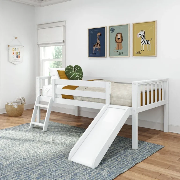 Max And Lily Soren Twin Ultra Low Loft Bed With Slide White Room Scene 1 Max and Lily Soren Twin Ultra Low Loft Bed With Slide in White - styled kids bedroom showing the low loft bed with attached slide, angled ladder, and safety guardrails beneath animal wall art.