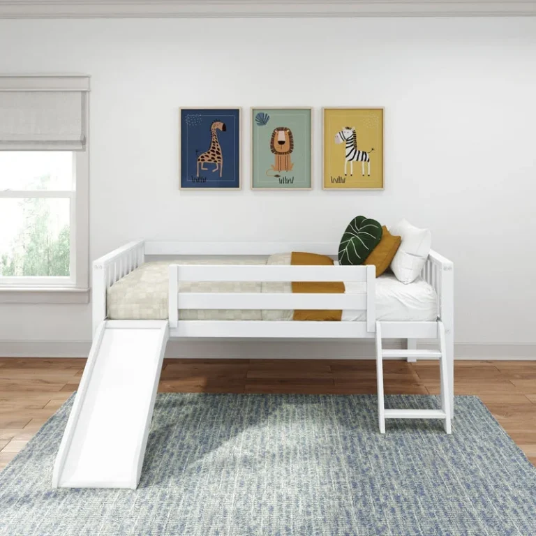 Max And Lily Soren Twin Ultra Low Loft Bed With Slide White Room Scene 2 Max and Lily Soren Twin Ultra Low Loft Bed With Slide in White - low loft bed in a bright bedroom showing the side slide, end ladder, and full guardrails.