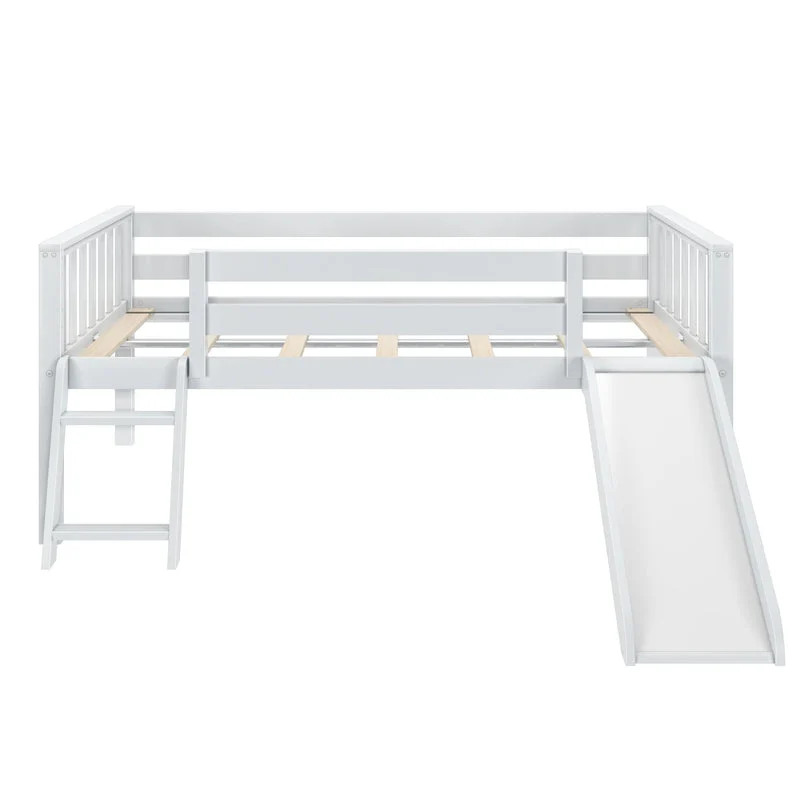 Max And Lily Soren Twin Ultra Low Loft Bed With Slide White Side View Max and Lily Soren Twin Ultra Low Loft Bed With Slide in White - side view showing the ladder, slide, guardrails, and exposed slat base.