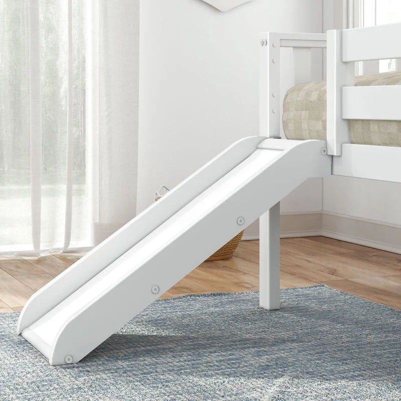 Max And Lily Soren Twin Ultra Low Loft Bed With Slide White Slide Detail Max and Lily Soren Twin Ultra Low Loft Bed With Slide in White - close-up of the slide descending from the bed to the floor in a bedroom setting.