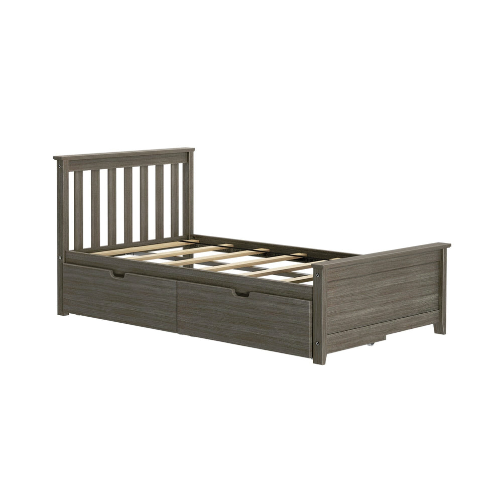 Max and Lily Twin Bed with Slatted Headboard and Storage in clay - angled product view on a white background showing the slatted headboard, wooden support slats and storage drawers.