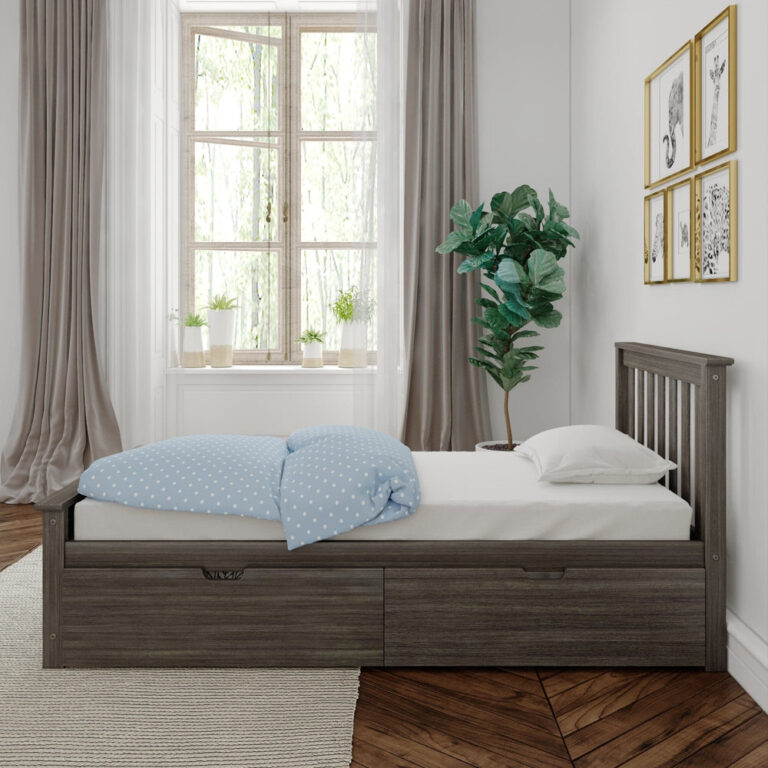 Max and Lily Twin Bed with Slatted Headboard and Storage in clay - side view in a bright bedroom with the storage drawers closed and a duvet on the mattress.