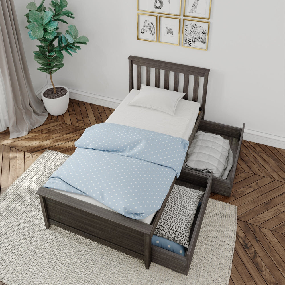 Max and Lily Twin Bed with Slatted Headboard and Storage in clay - overhead bedroom view with the under-bed storage drawers open and blue polka-dot bedding.
