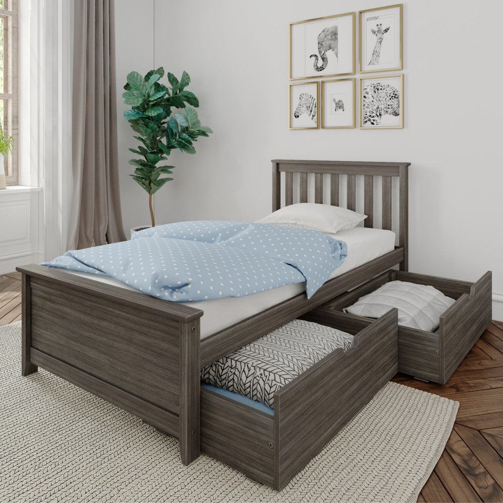 Max and Lily Twin Bed with Slatted Headboard and Storage in clay - angled room view with both under-bed storage drawers pulled open and blue polka-dot bedding beside a wildlife gallery wall.