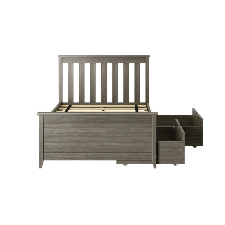 Max and Lily Twin Bed with Slatted Headboard and Storage in clay - side view on a white background with both rolling storage drawers pulled fully out.