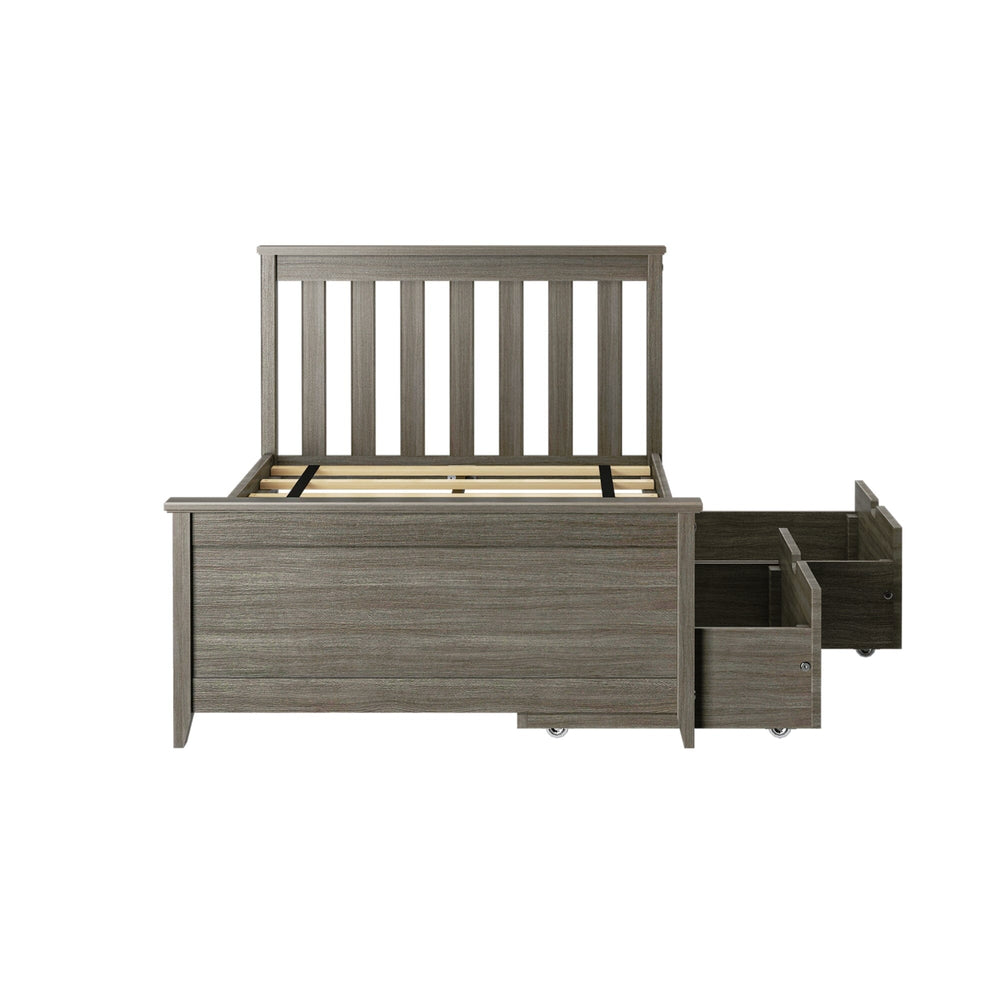 Max and Lily Twin Bed with Slatted Headboard and Storage in clay - side view on a white background with both rolling storage drawers pulled fully out.