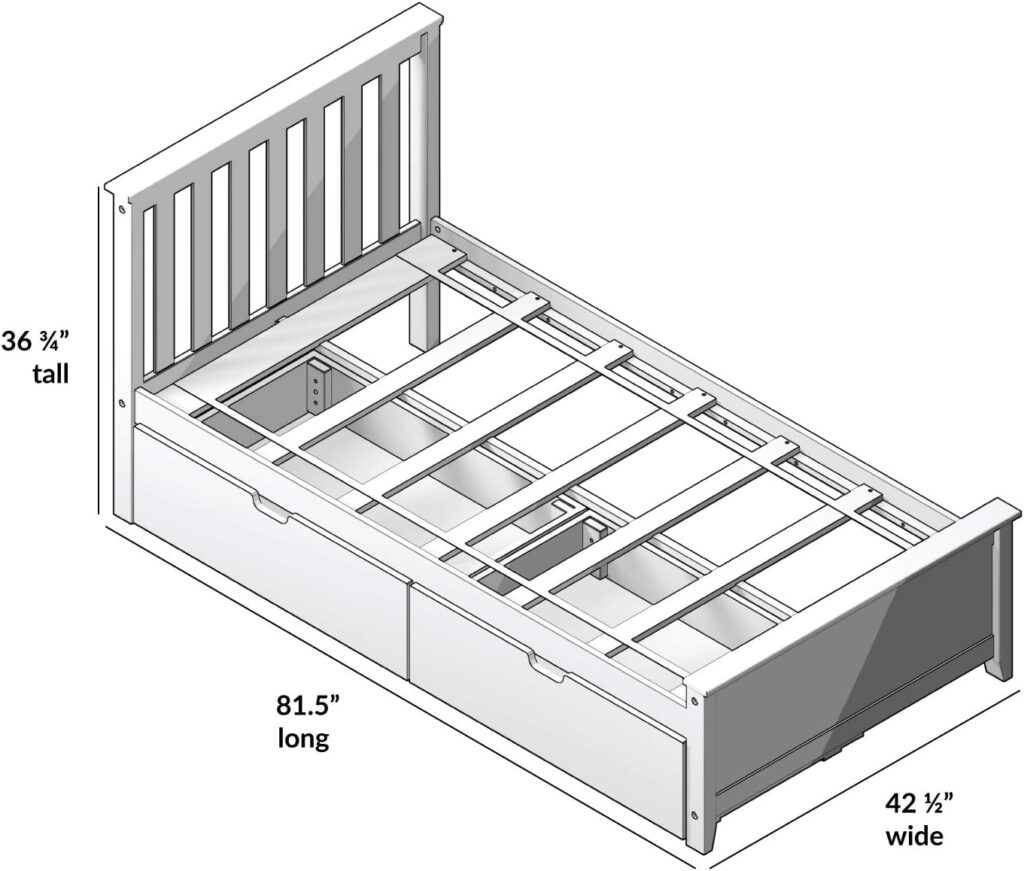 Max And Lily Twin Bed With Slatted Headboard And Storage Dimensions Diagram Max and Lily Twin Bed with Slatted Headboard and Storage - dimensions diagram showing the bed at 36 3/4 inches tall, 81.5 inches long, and 42 1/2 inches wide with two under-bed storage drawers and a slatted headboard.