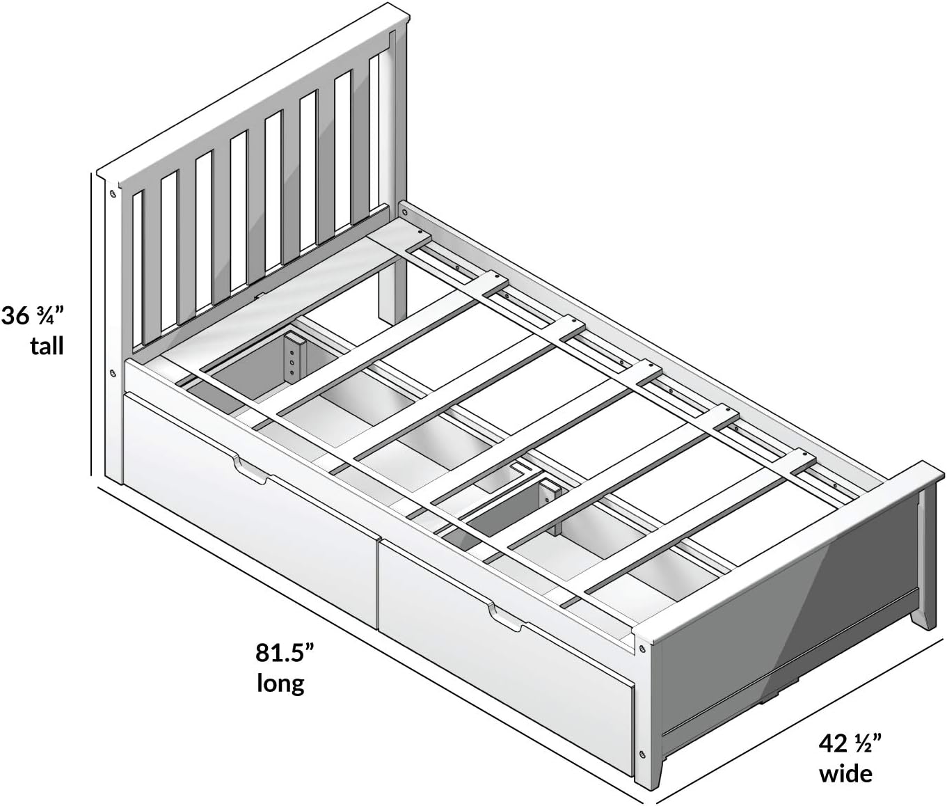 Max and Lily Twin Bed with Slatted Headboard and Storage - dimensions diagram showing the bed at 36 3/4 inches tall, 81.5 inches long, and 42 1/2 inches wide with two under-bed storage drawers and a slatted headboard.