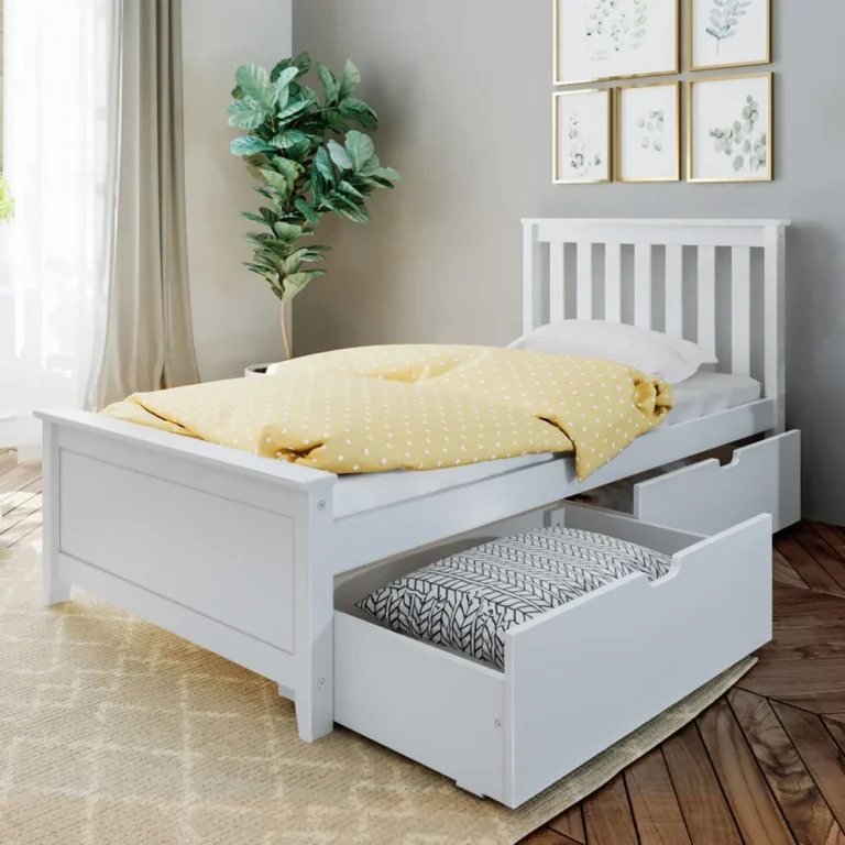 Max and Lily Twin Bed with Slatted Headboard and Storage in White - bed styled in a bedroom with a pull-out under-bed storage drawer open