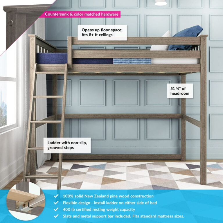 Max And Lily Twin High Loft Bed Clay Features Diagram Max and Lily Twin High Loft Bed in Clay - loft bed with feature callouts noting the open floor space beneath, the headroom clearance, non-slip grooved ladder steps, and solid pine construction.
